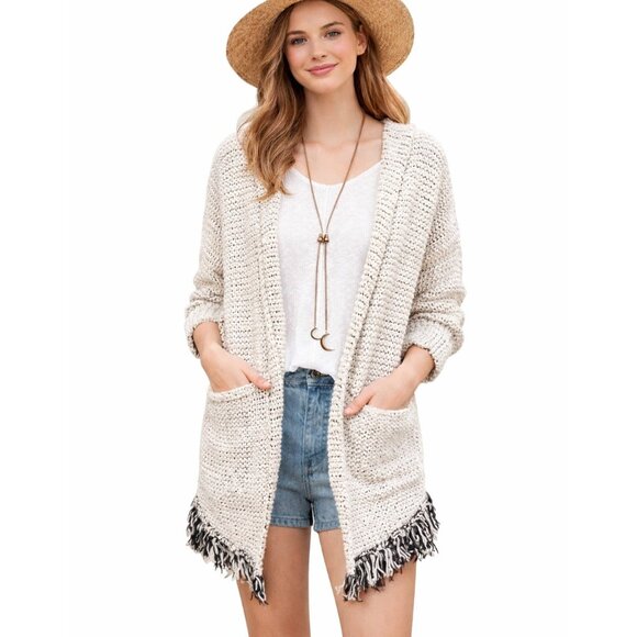 Free People Sweaters - Free People Love Me Tender Fringe Open Front Hooded Cardigan Cotton - Medium